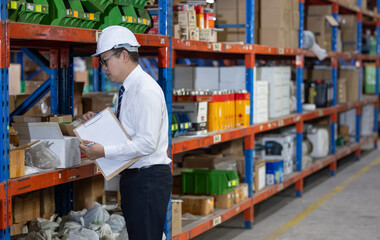 Warehouse manager process paperwork, organize goods by size, shape, category, prepare delivery date