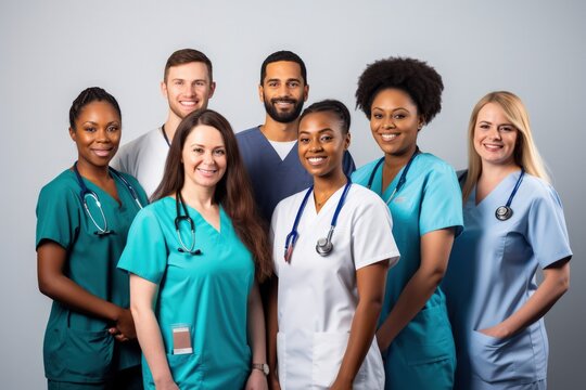 Smiling team of healthcare professionals nurse doctors in scrubs, diverse and cooperative