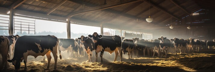  dairy herd in a spacious barn, highlighting the contours of the cows and the hay-laden floor - obrazy, fototapety, plakaty