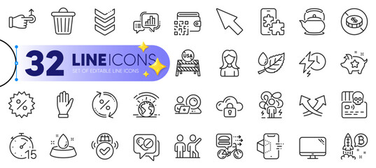 Outline set of Teamwork, Difficult stress and Charging time line icons for web with Discount, Cyber attack, Hand thin icon. Teapot, Intersection arrows, Graph chart pictogram icon. Vector