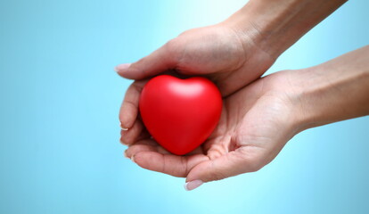 Woman hand hold red toy heart in hand against blue background closeup. Charity people concept