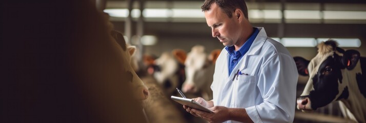 Veterinarian inspecting dairy cows in a modern barn, focused on animal health and welfare