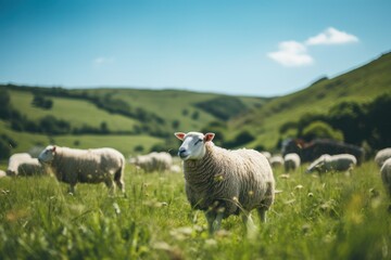 Obraz premium Grazing sheep on a lush hillside farm, with a shepherd keeping a watchful eye in the distance