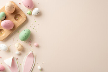 Springtime joy captured in a delightful scene. Overhead shot of vibrant Easter eggs in holder, bunny ears peeking out and sprinkles. All set on a soft pastel backdrop, offering space for your message