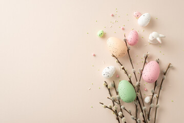 Celebration of Easter unfolds in this top-view composition. Traditional eggs, delicate pussy-willow branches, cute ceramic bunny, sprinkles adorn light beige surface with space for your text or advert