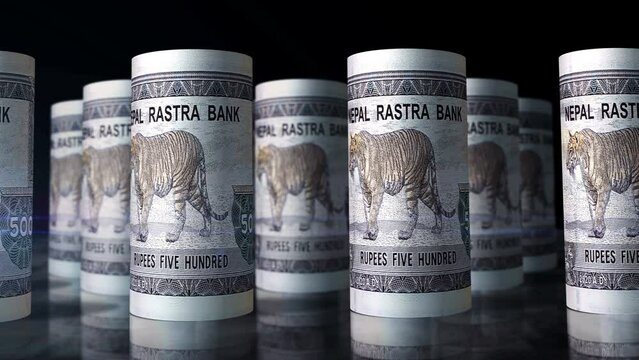 Nepal money Nepali rupees rolls loop 3d. Camera moving in front of 500 NPR rolling banknotes. Seamless loopable concept of economy, finance, business and debt.