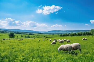 Fototapeta premium Flock of sheep in vibrant green field under clear blue sky with clouds, picturesque landscape