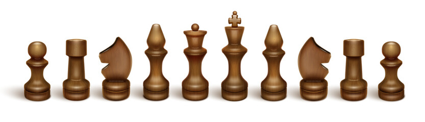 Chessmen black. Chess is a board game and sport. King, queen, knight, rook, knight, bishop, pawn. 3D realistic illustration. Isolated on a white background. Vector.