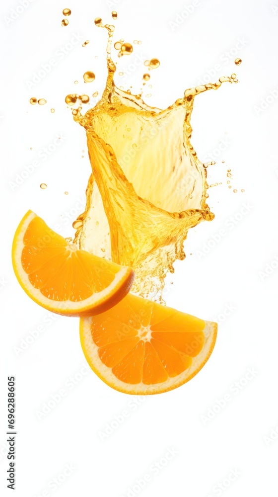 Poster dynamic citrus explosion, orange slices and splashing juice on white background, burst of freshness.
