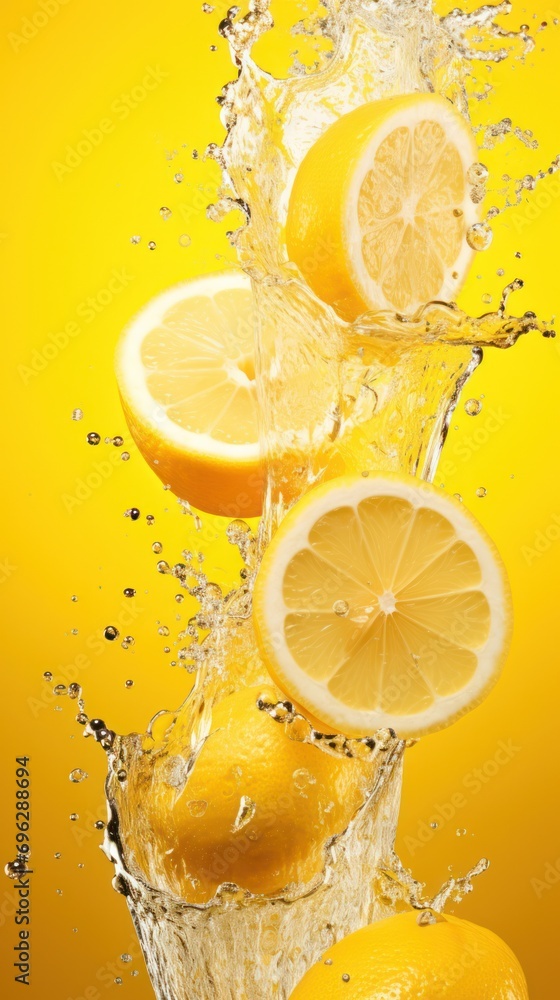 Poster fresh lemon slices falling in water with a splash, isolated on bright yellow background