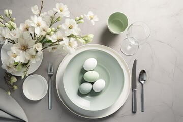 Top view of a table set for Easter celebration with cute flowers, Easter eggs and cutlery.