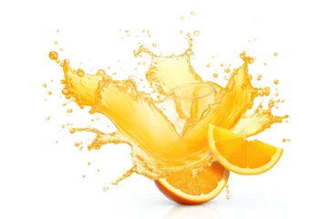 Foto op Canvas orange juice splash and fruit slices against white backdrop, freshness and vitality of citrus © olga_demina