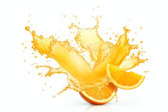 orange juice splash and fruit slices against white backdrop, freshness and vitality of citrus