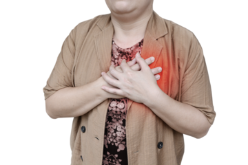 Woman holding hands on chest have pain PNG transparent