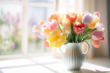 Fresh colorful tulips in a blue vase bathed in sunlight on a bright windowsill - obrazy, fototapety, plakaty