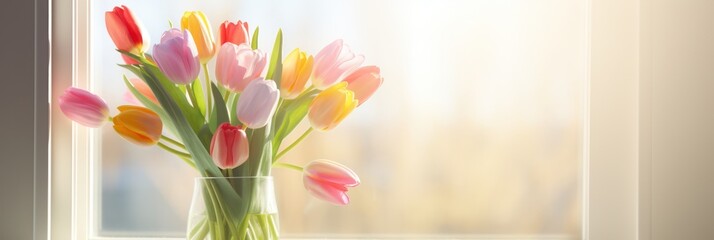 Vibrant tulips in a clear vase against a sunlit window, a warm spring morning