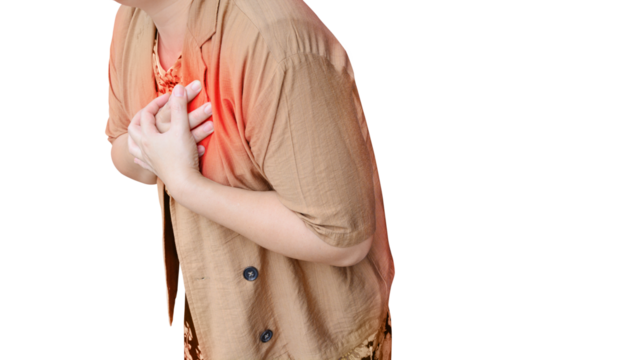 Woman holding hands on chest have pain PNG transparent