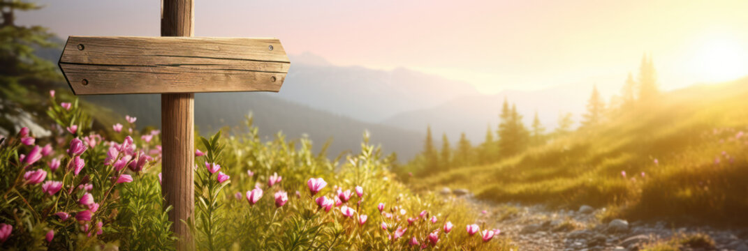 Naklejki Wooden signpost mock up on a mountain trail among pink wildflowers at golden hour