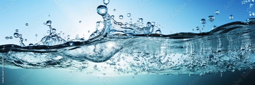 Poster abstract wave of water surface with splashing droplets captured against blue backdrop, fluid motion