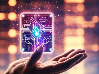Artificial intelligence AI circuit board in shape electronic PCB circuit icon symbol on businessman hand finger touching with cyberpunk neon cyberspace lighting. 