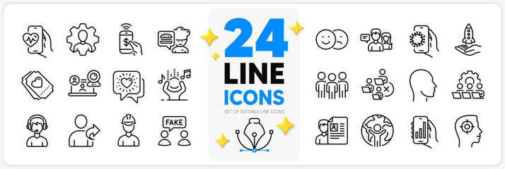 Icons set of Cardio training, Job interview and Refer friend line icons pack for app with Group, Video conference, Crowdfunding thin outline icon. Love ticket, Friends chat. Vector