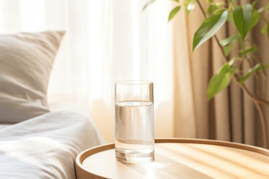 Sunlit glass of water on a wooden bedside table, sense of morning freshness and healthy habits