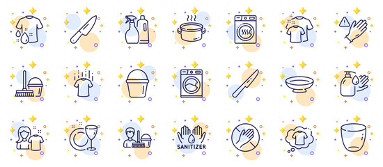 Outline set of Dry t-shirt, Dish plate and Dish line icons for web app. Include Bucket with mop, Use gloves, Dont touch pictogram icons. Dryer machine, Table knife, Wash hands signs. Shampoo. Vector
