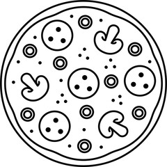 Vector mushroom whole tasty pizza fast food with Salami, cheese and mushroom, Delivery service fast food. Sketch with outline style. Outline sketch png, transparent,