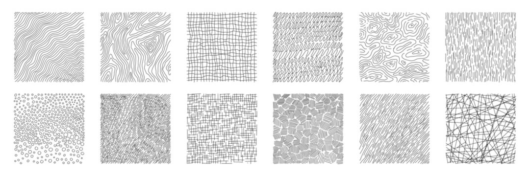 Set of hand drawn pencil crosshatch shapes. Doodle and sketch style. Black squiggle texture of rain, wood, spiral. Rectangular with grunge lines.