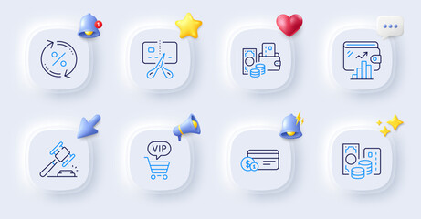 Wallet, Loan percent and Payment method line icons. Buttons with 3d bell, chat speech, cursor. Pack of Credit card, Vip shopping, Auction hammer icon. Change money, Bankrupt pictogram. Vector