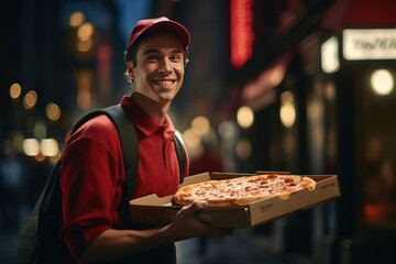 Pizza delivery man ready to pizza boxes to customer. Food delivery service, pizza for young man at home Ai generated