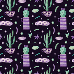 Seamless pattern with cacti in cups and various elements on a dark purple background. Watercolor illustration. Flowers. Succulents. Natural. Print on fabric and paper. Wallpaper. Decorative. Art. 