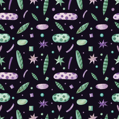 Seamless pattern with leaves, stars and various elements on a dark purple background. Watercolor illustration. Flowers. Succulents. Natural. Print on fabric and paper. Wallpaper. Decorative. Art. 