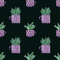 Seamless pattern with plants in purple cups on a dark green background. Watercolor illustration. Flowers. Succulents. Natural. Print on fabric and paper. Wallpaper. Decorative. Art. Design. Handmade.