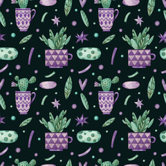 Seamless pattern with cacti, leaves, stars and clouds on a dark green background. Watercolor illustration. Flowers. Succulents. Natural. Print on fabric and paper. Wallpaper. Decorative. Art. Design. 
