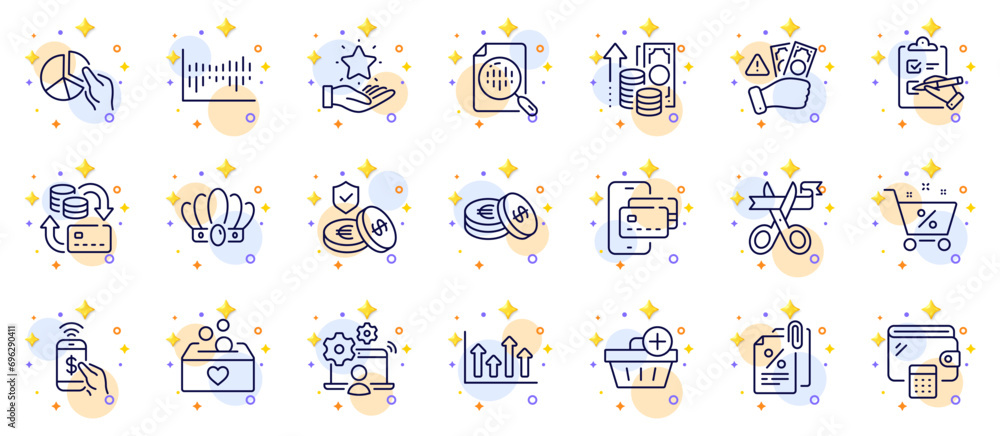Poster outline set of pie chart, inflation and analytics chart line icons for web app. include money change