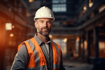 medium shot of engineer and architect looking at camera, with copy space beautiful background