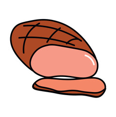 Meat product of food colorful set. This captivating meat-themed illustration showcases a beautifully designed ham that takes center stage against a clean white backdrop. Vector illustration.