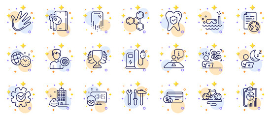 Outline set of Time management, Support and Internet document line icons for web app. Include Dental insurance, Cyber attack, Spanner tool pictogram icons. Difficult stress, Winner, Bike signs. Vector