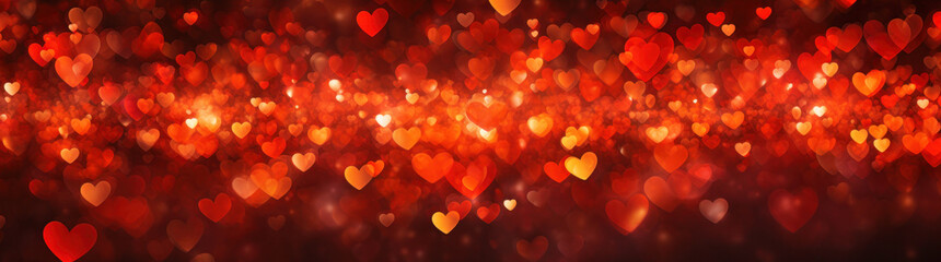 Abstract panorama background with red fallen heart shaped glitter and bokeh lights. Valentines day background banner.