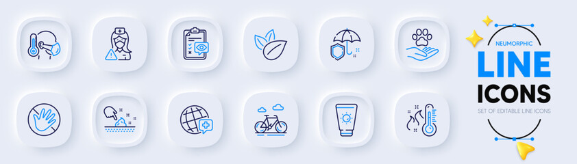 Eye checklist, Skin moisture and Umbrella line icons for web app. Pack of Organic product, Pets care, Nurse pictogram icons. Sunscreen, World medicine, Do not touch signs. High thermometerBike. Vector