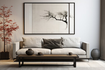 A modern living room showcasing a Japanese style interior design, featuring a sleek grey sofa with black cushions and an elegant poster frame on the wall.