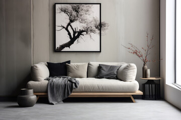 A modern living room showcasing a Japanese style interior design, featuring a sleek grey sofa with black cushions and an elegant poster frame on the wall.