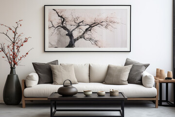 Experience the serenity of minimalist Japanese decor in this chic living room, complemented by a comfortable grey sofa and stylish black cushions.
