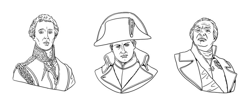 Busts Of Napoleon Bonaparte, Duke Of Wellington And Field Marshal Kutuzov. Portraits Of Generals During The Napoleonic Wars. Historical Drawing With Transparent Background.	