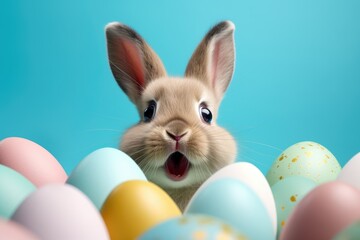 Adorable Easter Bunny With Easter Eggs, colorful Easter eggs, banner and wallpaper, AI Generative - obrazy, fototapety, plakaty