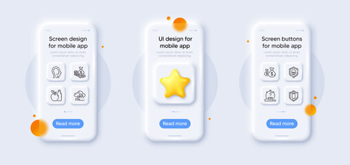 Apple, Psychology and Coins bags line icons pack. 3d phone mockups with star. Glass smartphone screen. Quiz, Smartphone protection, Co2 gas web icon. Money, Cyber attack pictogram. Vector