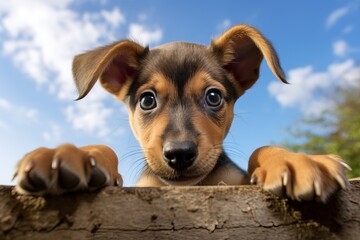 Close-Curious puppy close-up adorable gaze clear blue sky copy space Generative AI