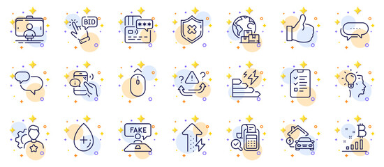 Outline set of Selfie stick, Interview and Bitcoin graph line icons for web app. Include International delivery, Brand, Bid offer pictogram icons. Card, Dots message, Consumption growth signs. Vector