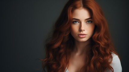 Fototapeta premium a Gorgeous red hair and freckles woman with open eyes touching her perfect skin. Beautiful portrait